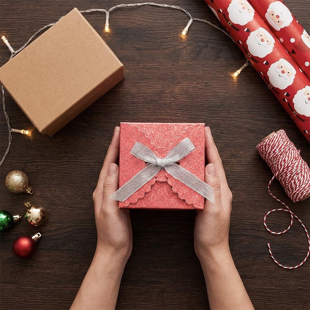 Red Glitter 4x4x4 Gift Boxes with Silver Ribbon, 10 Small Cube Box