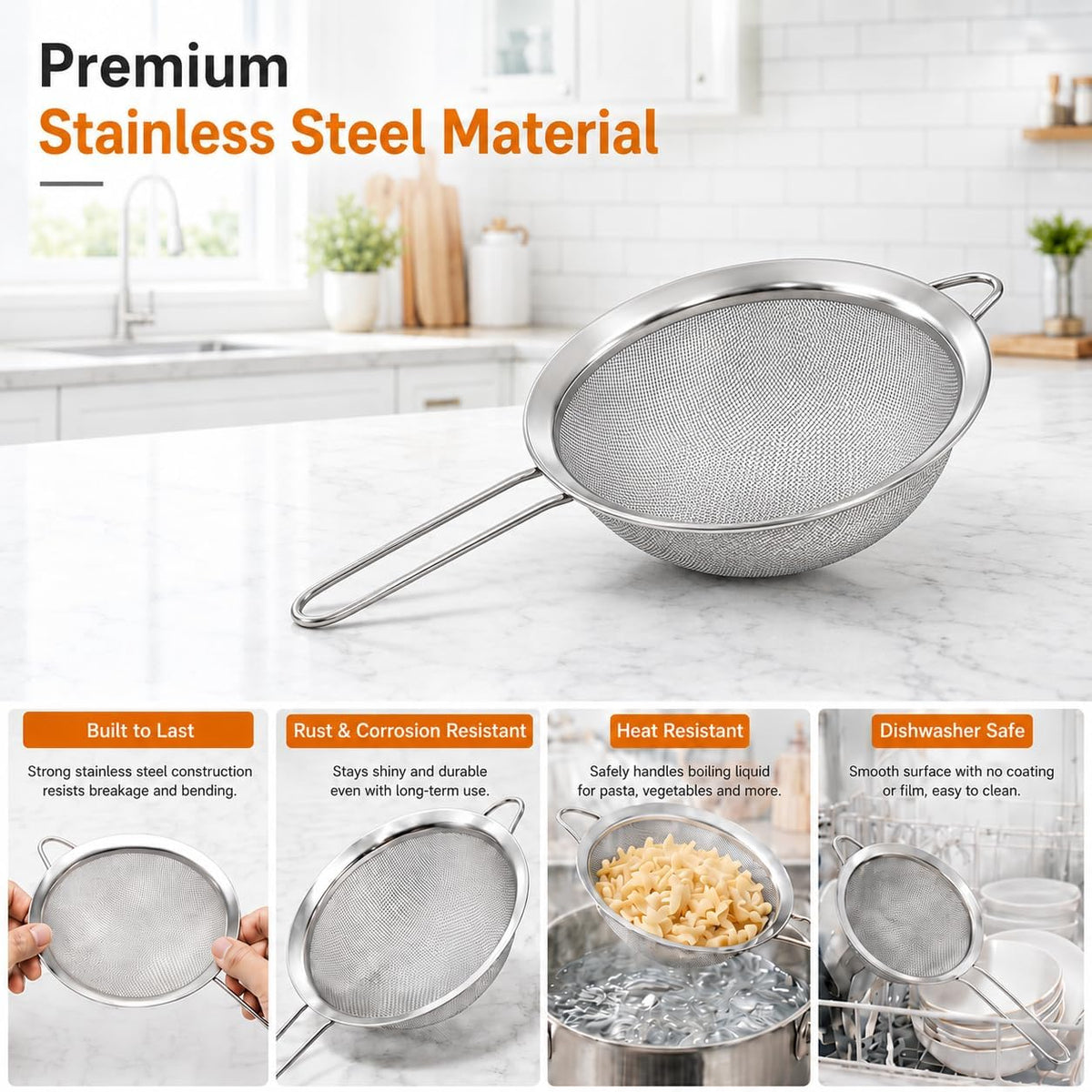 HiramWare Fine Mesh Strainer, Large Stainless Steel Colander with Handle, Sieve for Pasta, Rice, Quinoa, Spaghetti, Fruits, Berry, Flour, Veggies, Metal Sifter for Kitchen