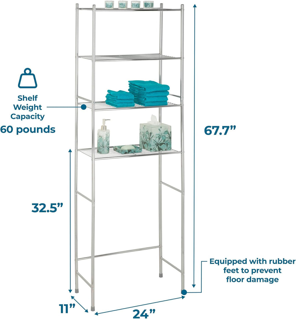 4-Tier Over-The-Toilet Storage Shelf - Space-Saving Steel Bathroom Restroom Organizer with Neutral Chrome Finish