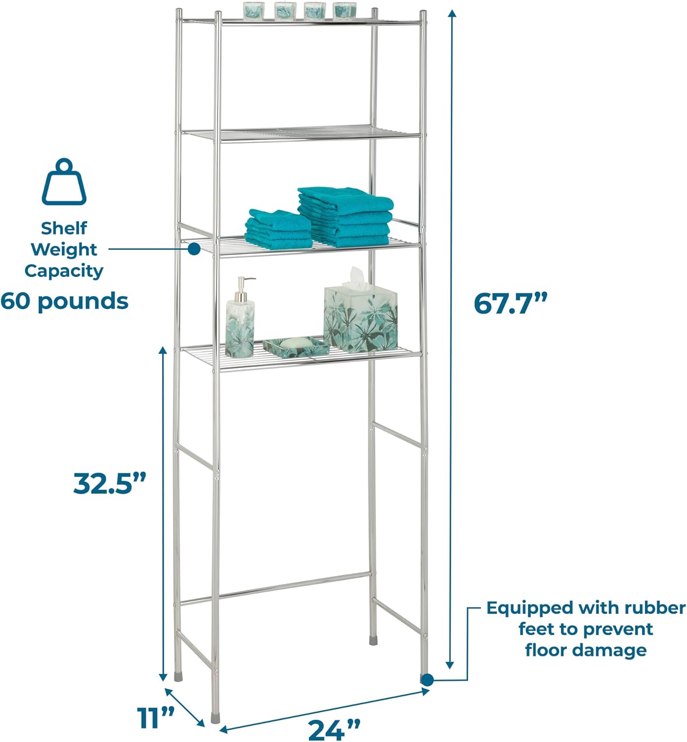 4-Tier Over-The-Toilet Storage Shelf - Space-Saving Steel Bathroom Restroom Organizer with Neutral Chrome Finish