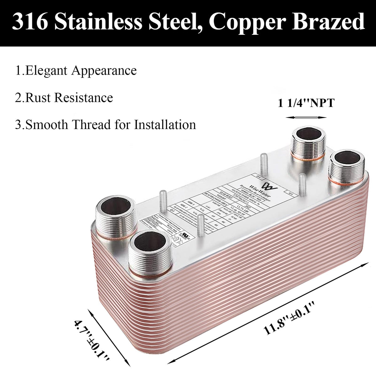AB Plate Heat Exchanger, 5"x 12" 40 Plates Water To Water Heat Exchanger, Copper/SS316L Stainless Steel Brazed Plate Heat Exchanger For Floor Heating, Water Heating, Snow Melting