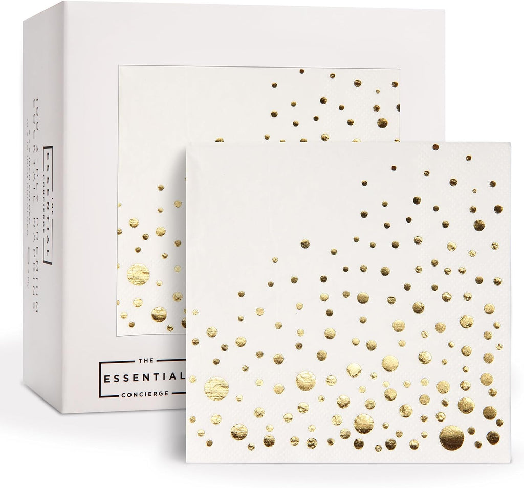 Gold Cocktail Napkins, 100 White and Gold Party Napkins, 5x5 Inch