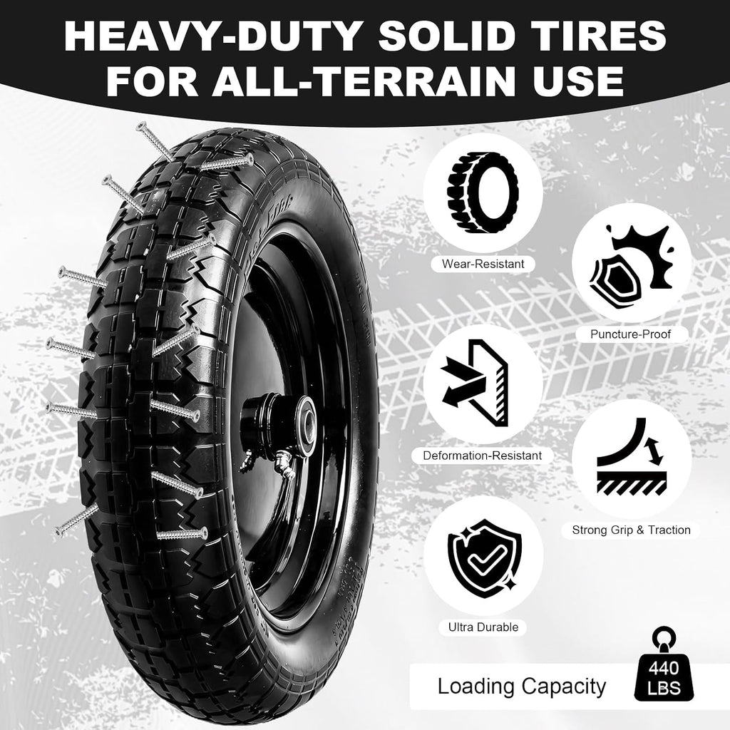 1-Pack 4.80/4.00-8 Tire - 14.5" Flat-Free Tire Wheelbarrow Tire with 3" Centered Hub, 5/8" 3/4" Bearings, Heavy Duty