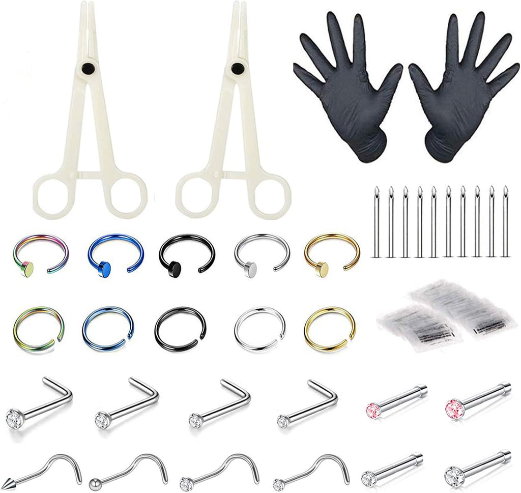 Professional Body Piercing Kit - 46Pcs 316L Surgical Steel Nose Lip Piercing Set with Needles (18G/20G), Clamps