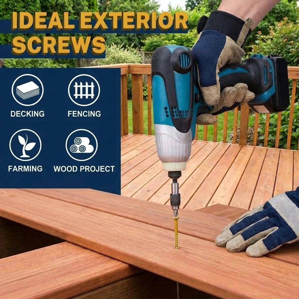 #8 x 1-1/4" Exterior Deck Screws (5 lb Box), Tan Epoxy Coated Wood Screws with T25 Star Bit, Type 17 Self-Drilling