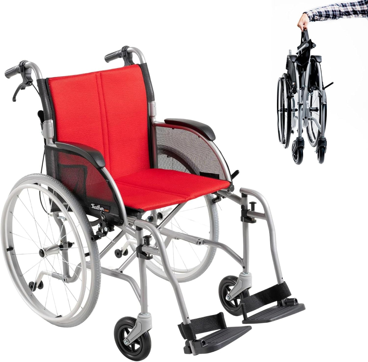 Red Lightweight Folding Wheelchair - 13.5 lbs, 18" Seat Width - with Swingaway Legrests, Anti-tippers, and Quick