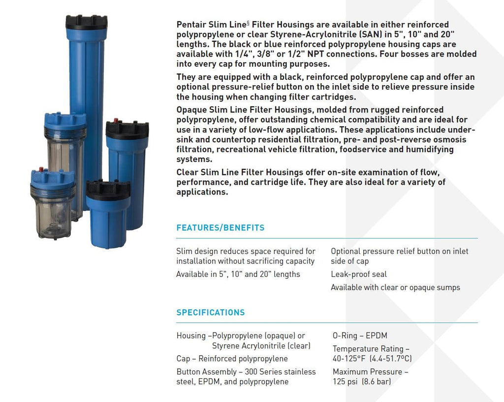 Pentair Pentek 158195 10" x 2.5" Filter Housing, NSF/ANSI 42 Certified | Traditional Slim Line Housing with Pressure