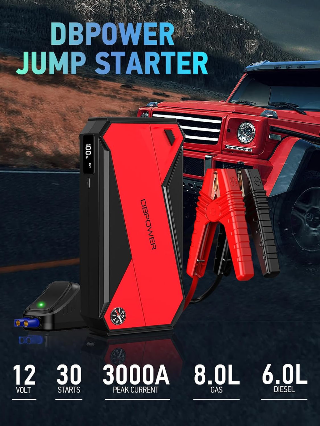 Peak 3000A 18000mAh Portable Car Jump Starter (up to 8.0L Gas, 6.0L Diesel Engine) Battery Booster with Smart