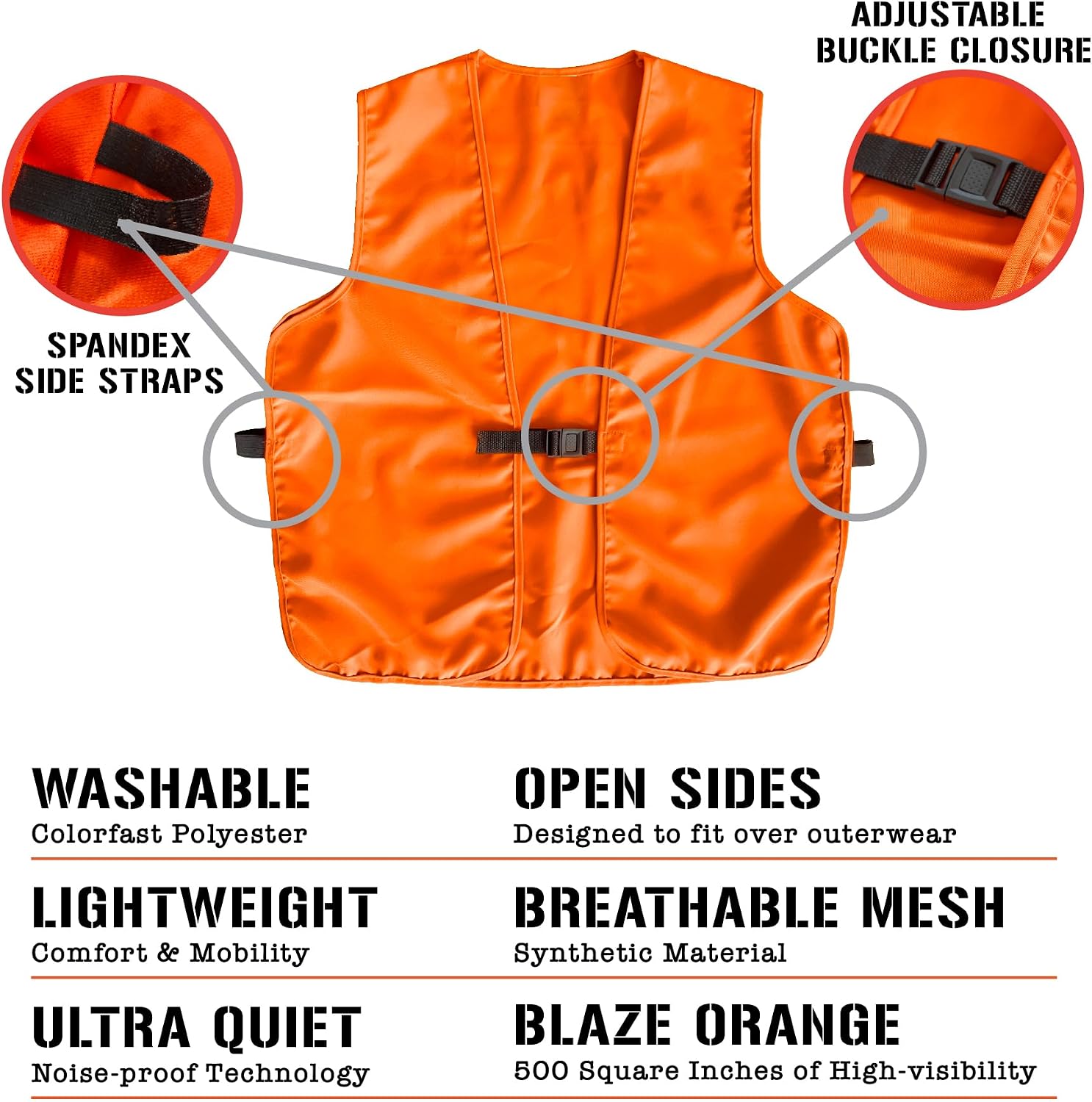 Blaze Camo Orange Hunting Vest with Buckle - High Visibility Ultra Quiet Waterproof Deer Hunting Gear Vest
