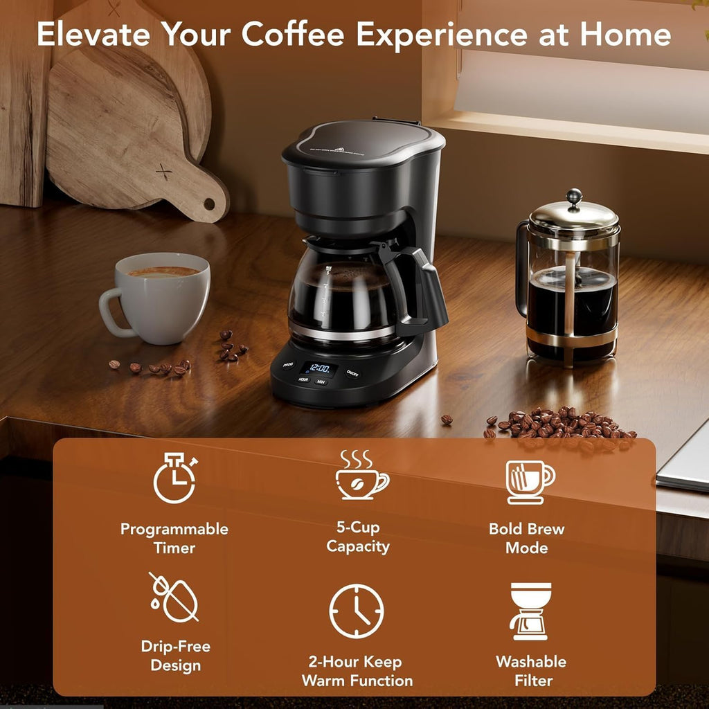 5 Cup Programmable Drip Coffee Maker, 24H Delay Brew, 2H Keep Warm & Auto Shut Off, Pause & Serve, Reusable Filter