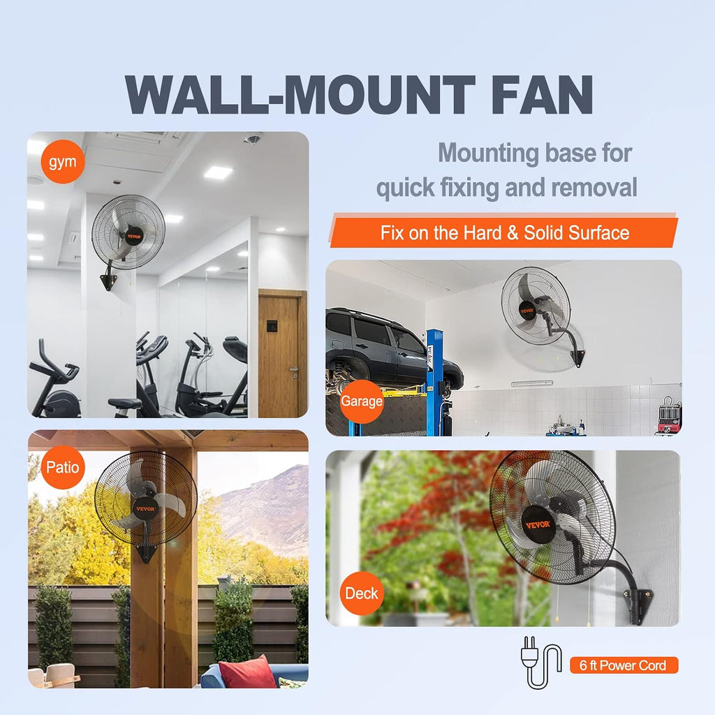 VEVOR Wall Mount Fan, 18 inch, 3-Speed, 4000 CFM Oscillating Fan, Black
