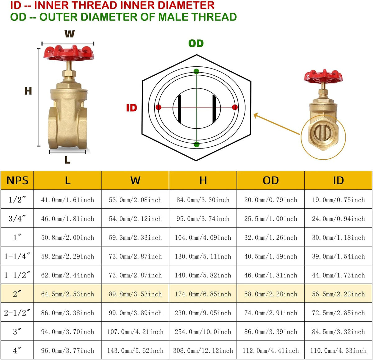 2" NPT Gate Valve, Heavy Duty, Brass, Female x Female Thread, DN50