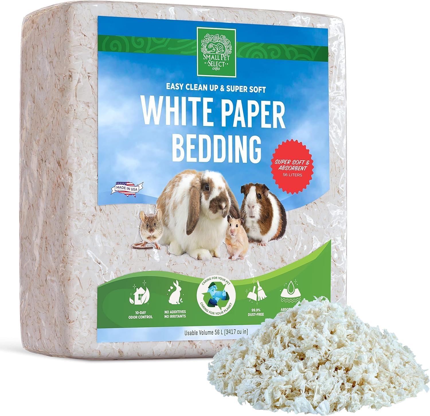 White Paper Bedding, Guinea Pig, Odor Control, 56 L | Soft Absorbent Natural Bedding, Made in USA