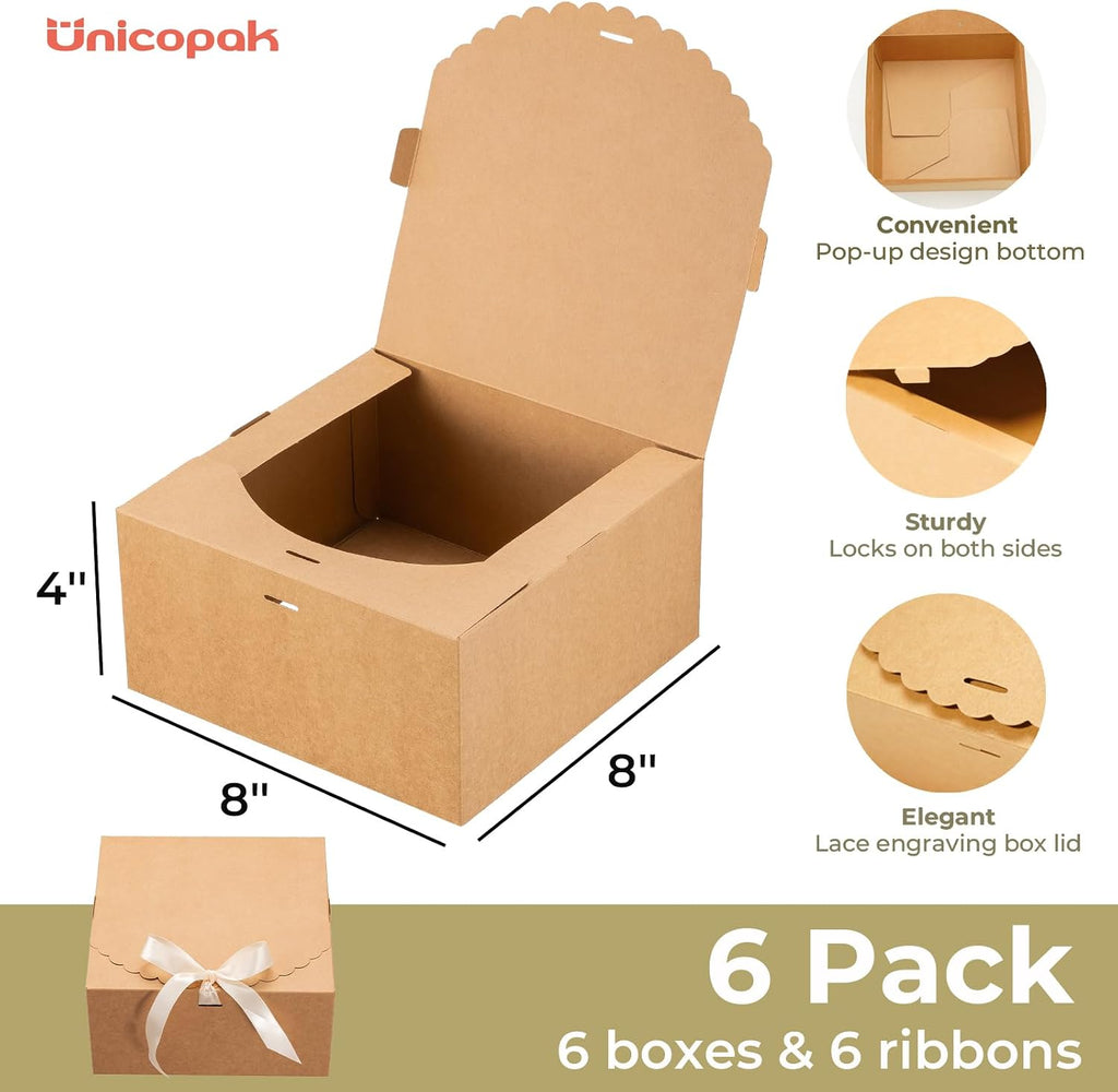 6 Pack 8x8x4 Brown Gift Boxes with Lids for Presents Cardboard Kraft Gift Boxes Bulk for Gifts Birthday Wedding Party