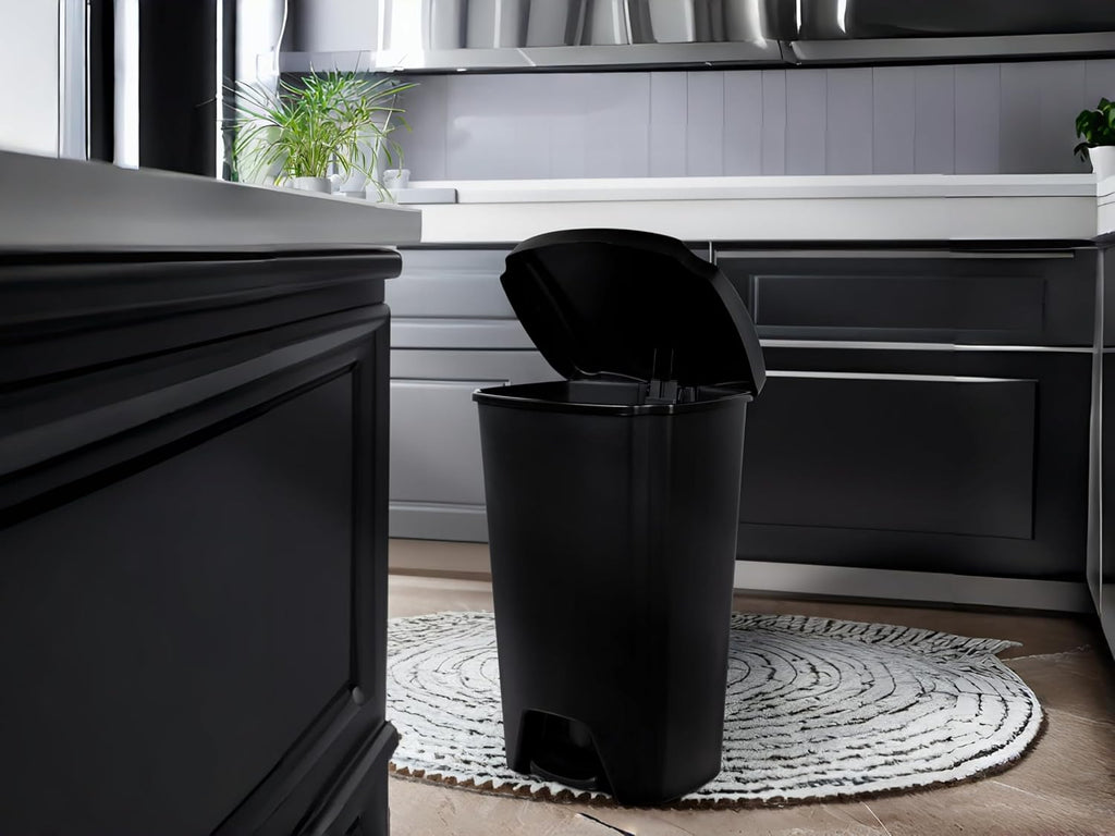 12.1 Gal Kitchen Trash Can 16.6"x13.2"x24.8" Black Step Bin w/Lid Pedal | Matte plastic, fingerprint-proof.