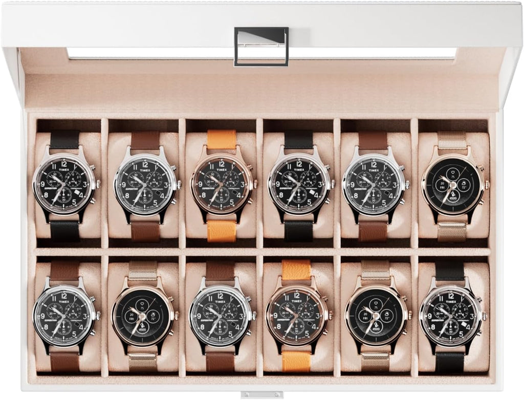 Watch Box Organizer, 12 Slot Watch Display Case, White | Watches Storage Boxes Holder for Men Women, Large Glass Lid