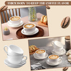 4 Set 16oz Cappuccino Cups with Saucers, Heavyweight Porcelain