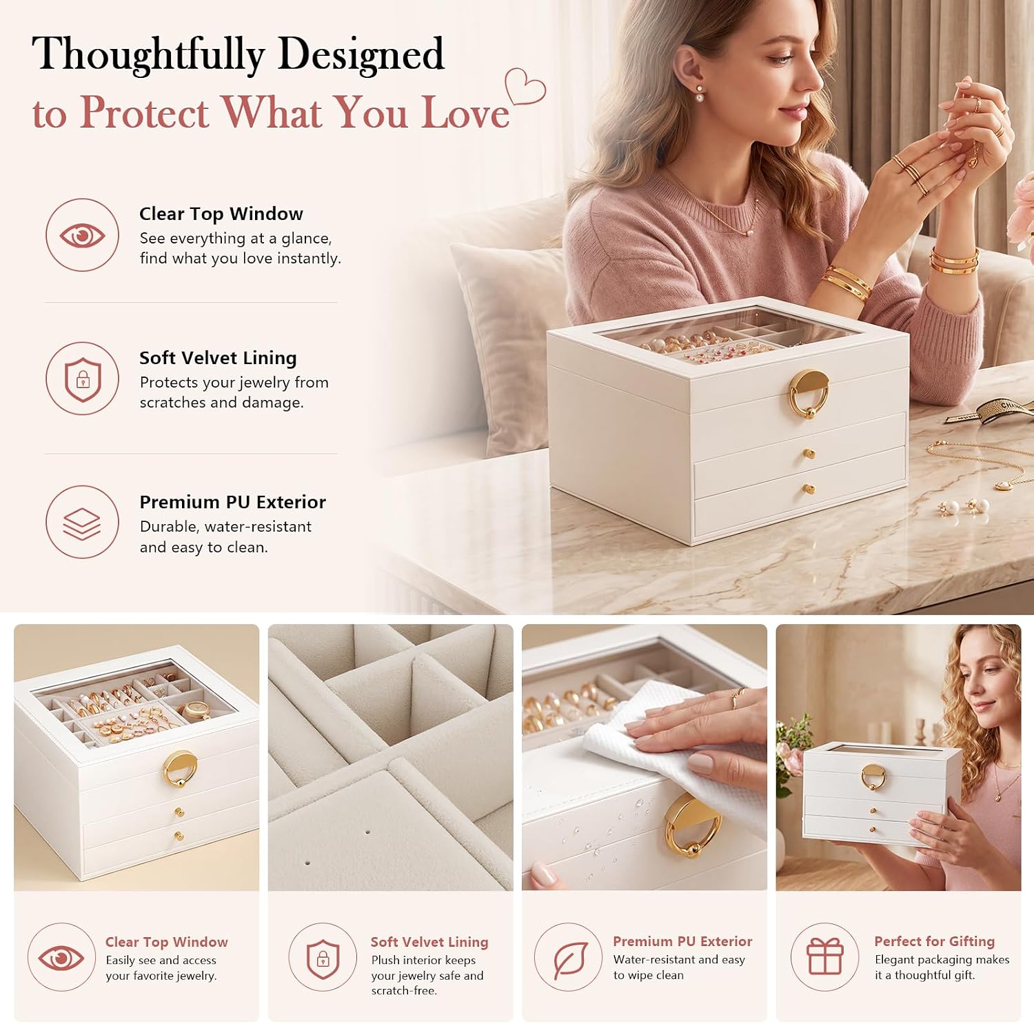Jewelry Box, 3-Layer jewelry organizers and storage, Cloud White | Jewelry Boxes For Women – Velvet Lining
