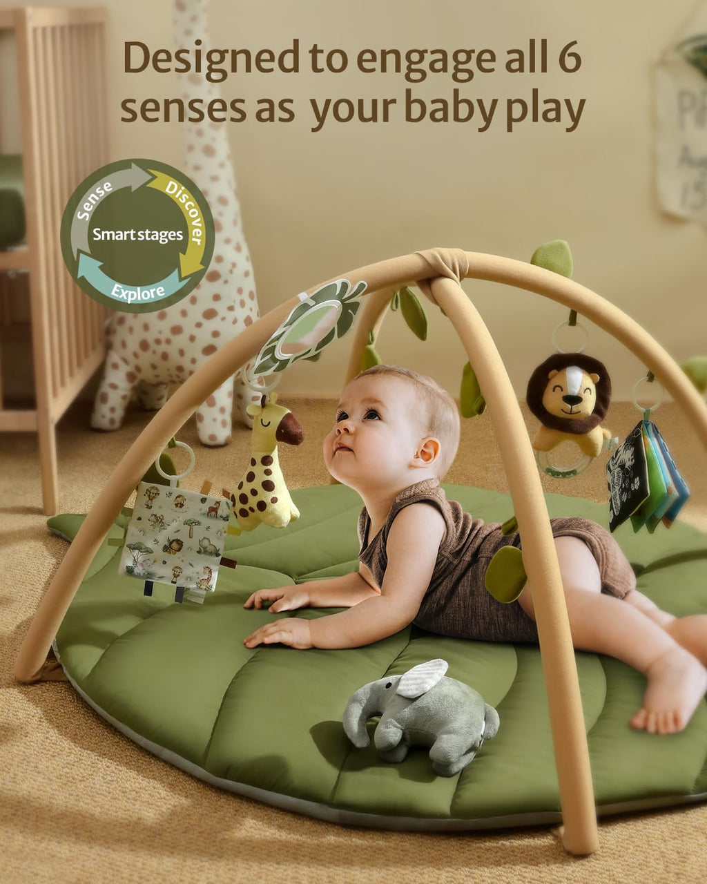 Baby Play Gym & Activity Mat, Oversize Leaf Shaped Baby Play Mat w 6 Detachable Toys, Tummy Time Mat Promote Motor