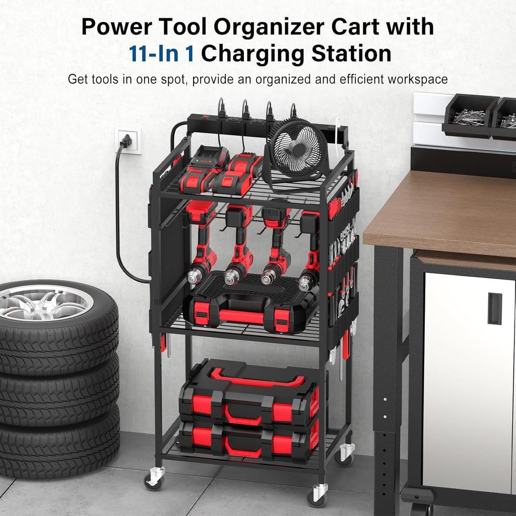 Garage Large Power Tool Organizer Cart with 8 Outlet 3 USB Charging Station, Floor Rolling Drill and Tools Battery