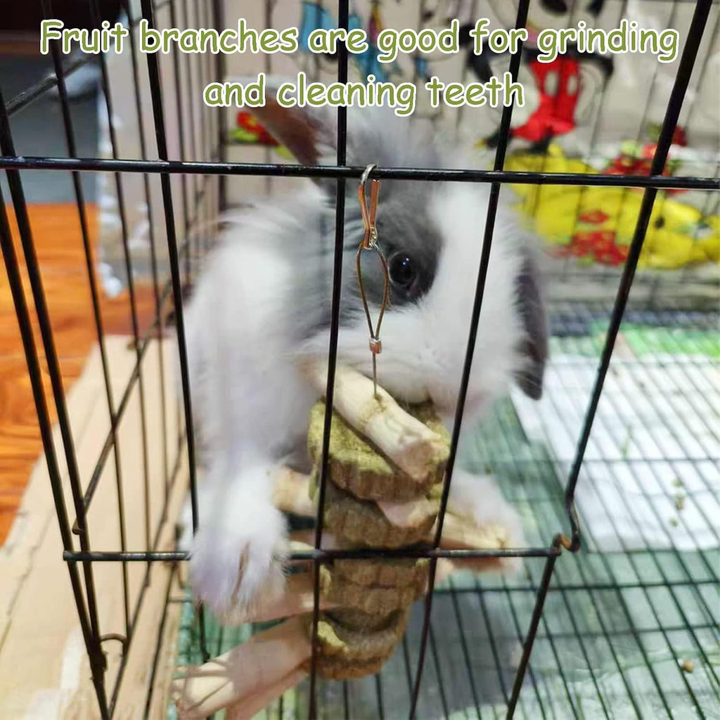 2 PCS Bunny Chew Toys for Teeth Natural Rabbit Toys Hanging Sweet Bamboo Chews with Grass Cake Guinea Pig Toys Snack