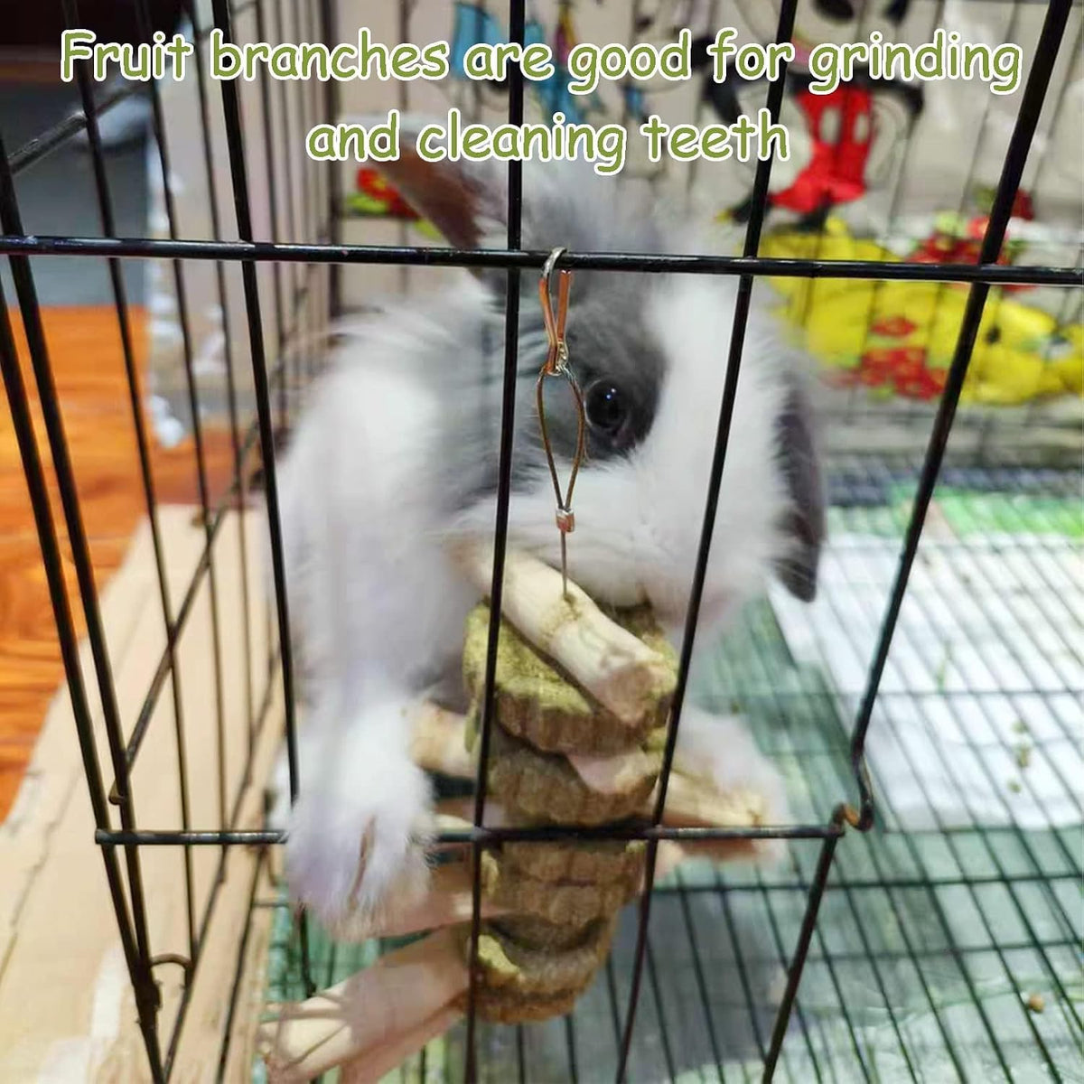 2 PCS Bunny Chew Toys for Teeth Natural Rabbit Toys Hanging Sweet Bamboo Chews with Grass Cake Guinea Pig Toys Snack
