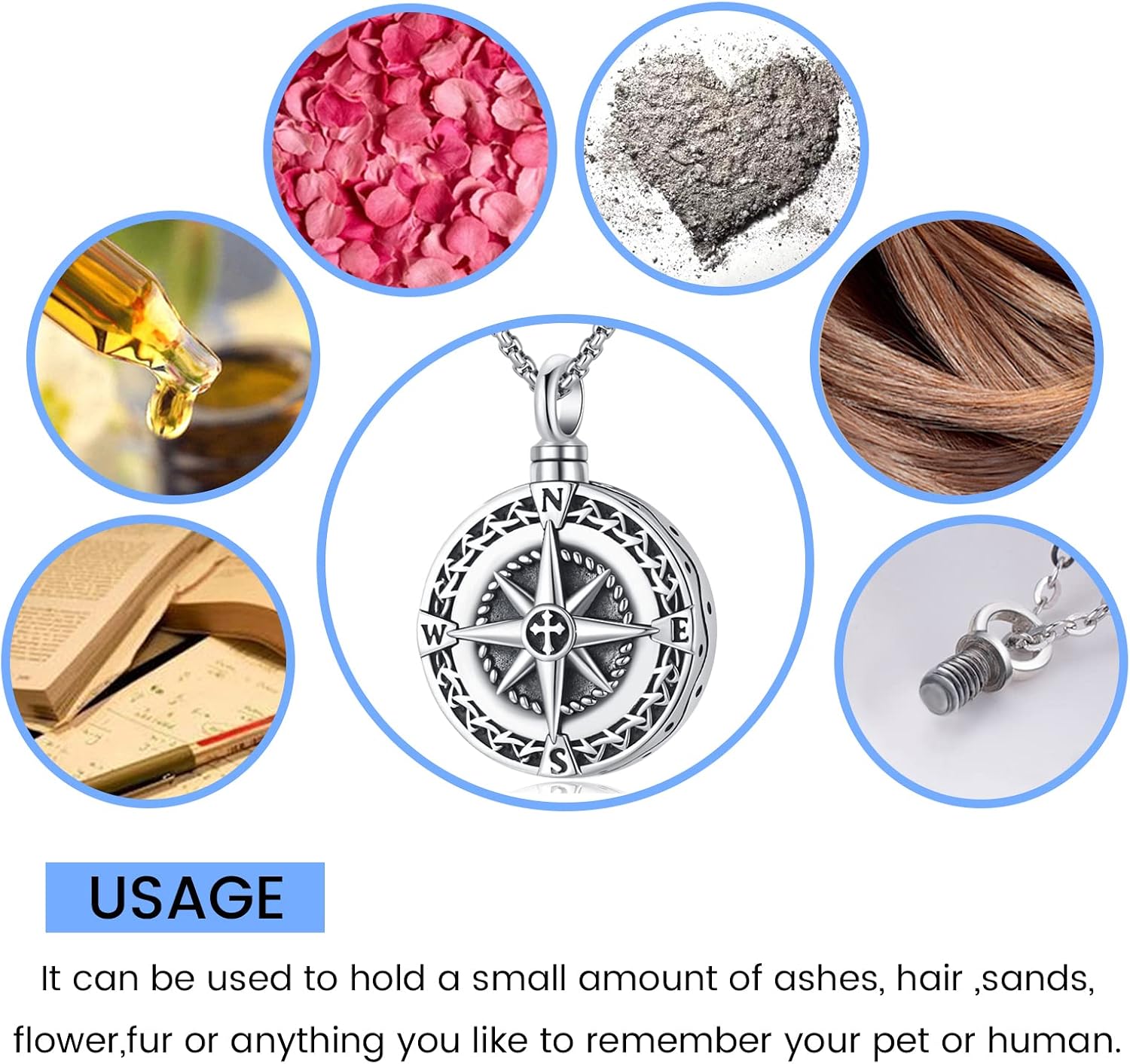 Compass Necklace for Women Men 925 Sterling Silver Pendant Urn Necklaces for Ashes Picture Locket Necklace Anchor