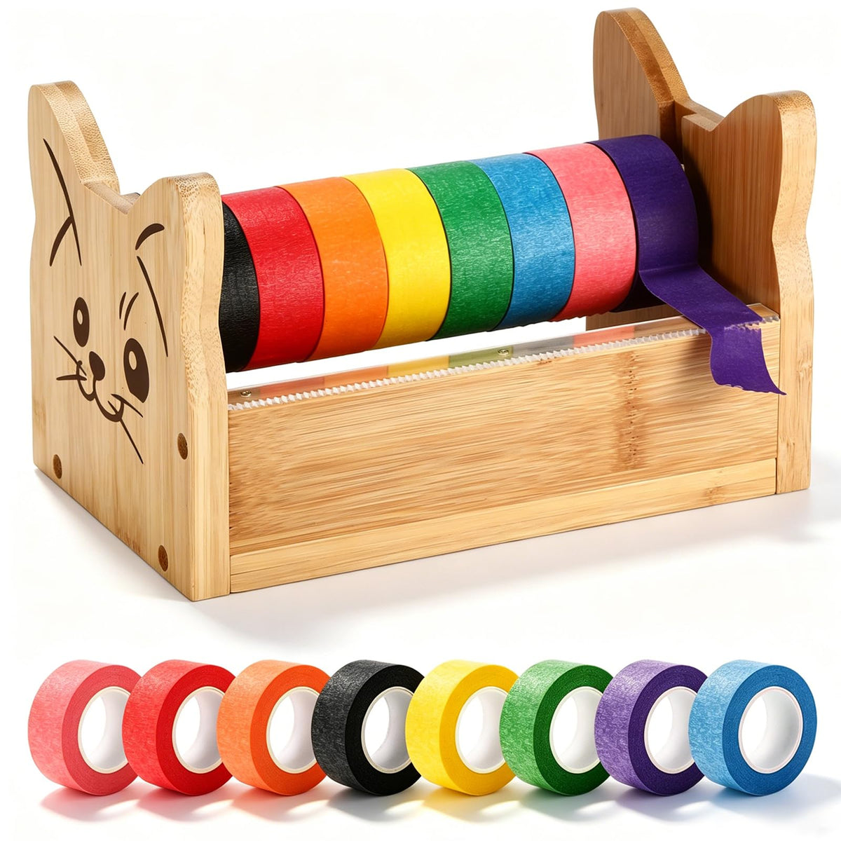 9 Pcs Cat Masking Tape Dispenser with Colored Tape,Bamboo