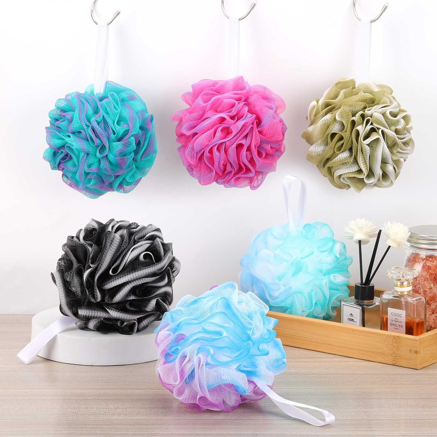 75g/Pc Large Loofahs Shower Sponge, Exfoliating Body Scrubber Shower Scrunchies Mesh Pouf Bath Sponges - Pack of 6