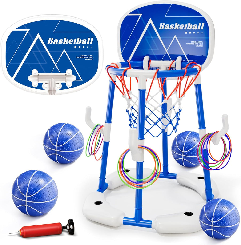 Pool Basketball Hoop for Kids Ages 4-8 & 8-12, 2-in-1 Floating Game Set with Backboard, Water-Fillable Base, 4 Balls