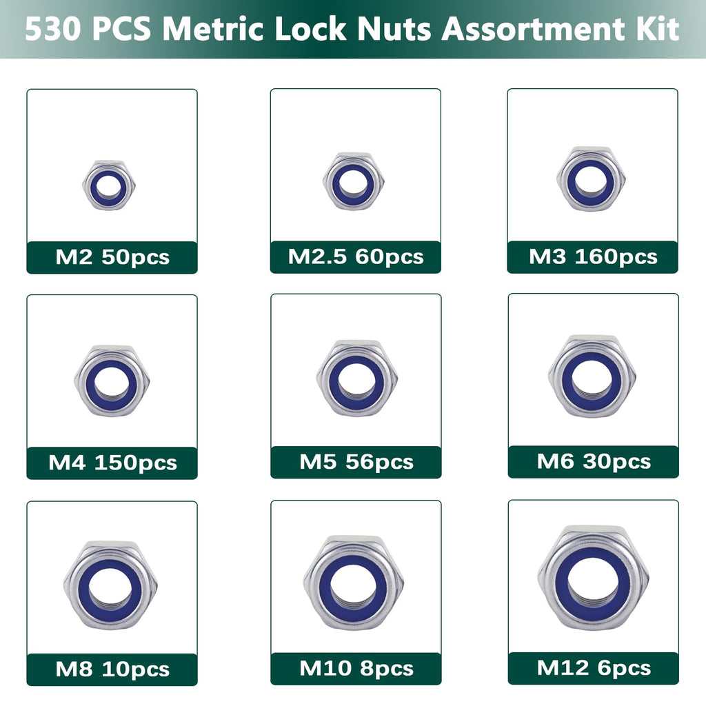 Metric Lock Nut Assortment Kit, 530PCS Nylon Insert Lock Nuts Set