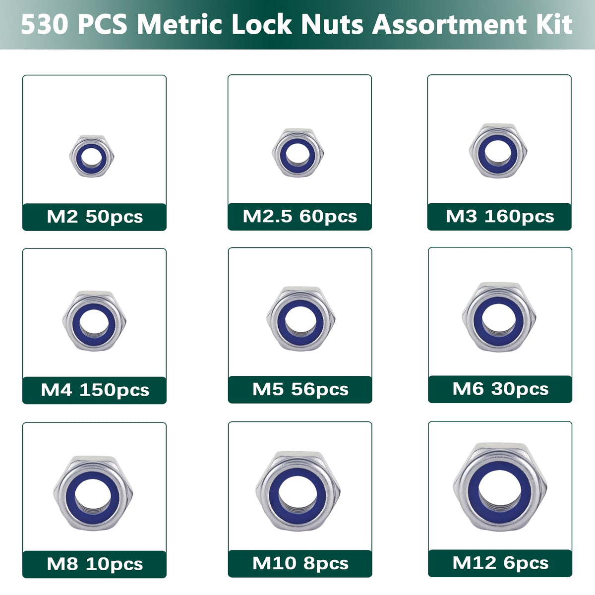 Metric Lock Nut Assortment Kit, 530PCS Nylon Insert Lock Nuts Set
