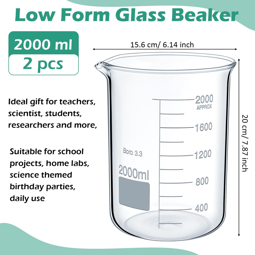 2 Pcs 2000ml Beaker 3.3 Borosilicate Glass Beakers Lab Beakers