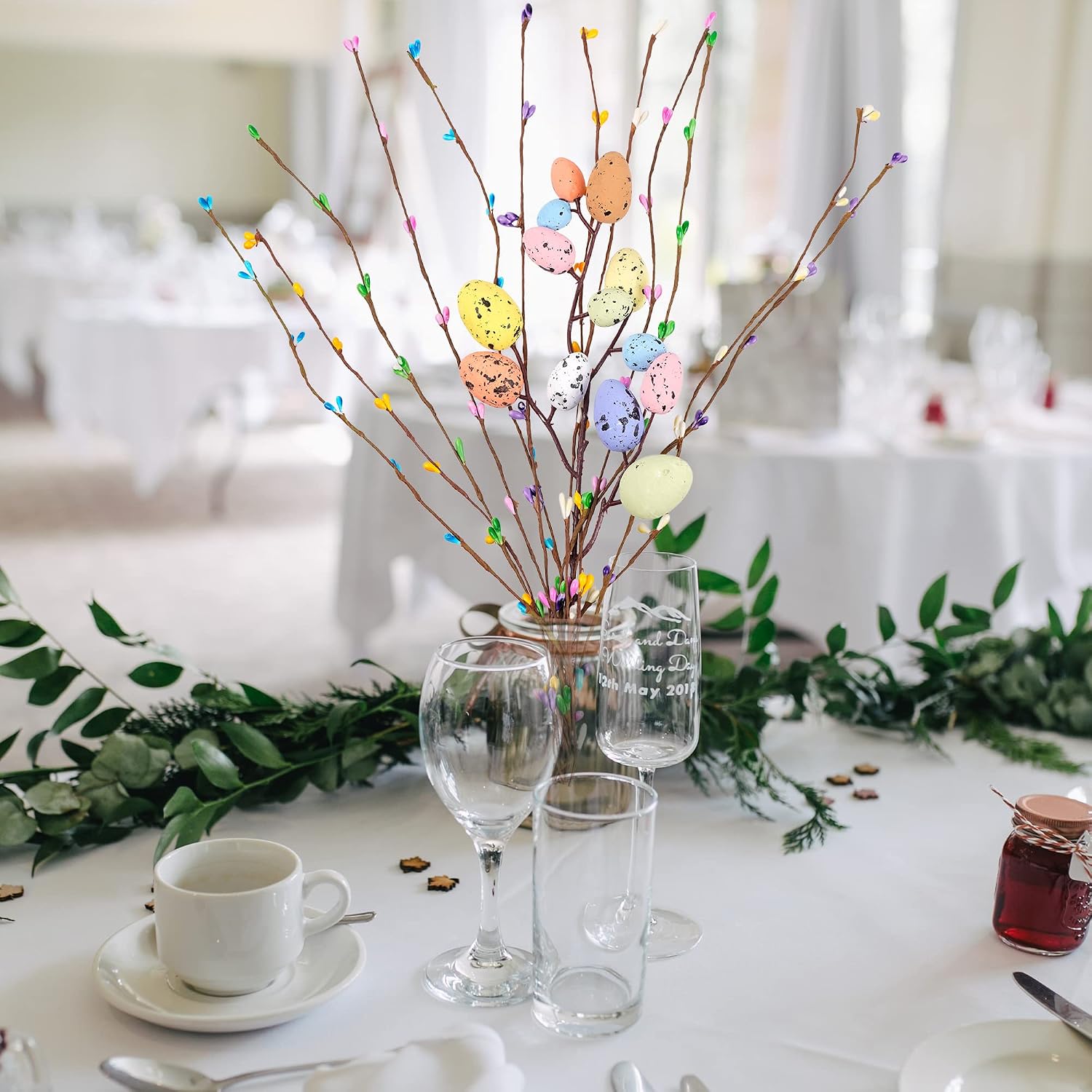 Artificial Easter Spray Vine with Pastel Easter Eggs and Berries- Decorative Spring Floral Stems-Easter Egg Twig