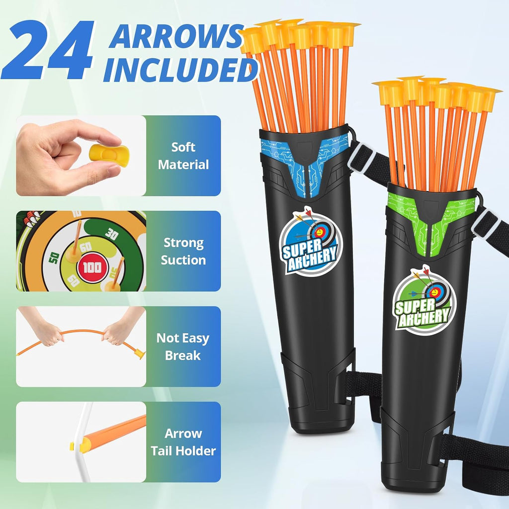 2 Pack Kids Bow and Arrow, LED Archery Set with Dinosaur Target | with 24 Suction Cup Arrows, 1 Standing Target, 6