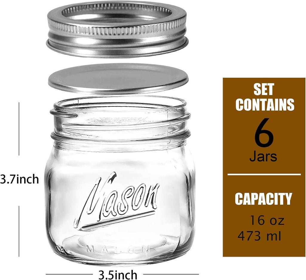 6PCS Wide Mouth Mason Jars 16oz with Airtight Lids and Bands