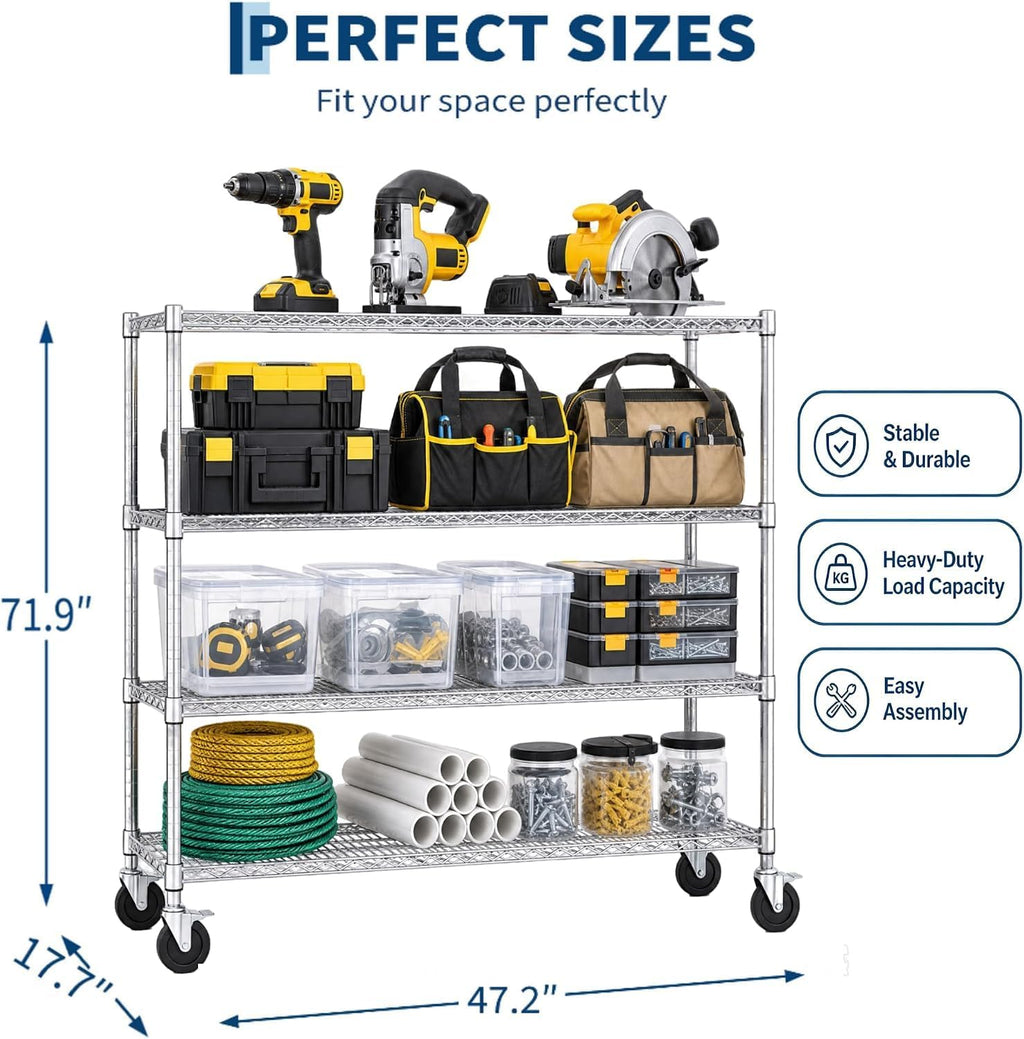 NSF Adjustable Lockable Wire Shelving Rack with Wheels, 4-Tier, 47" W