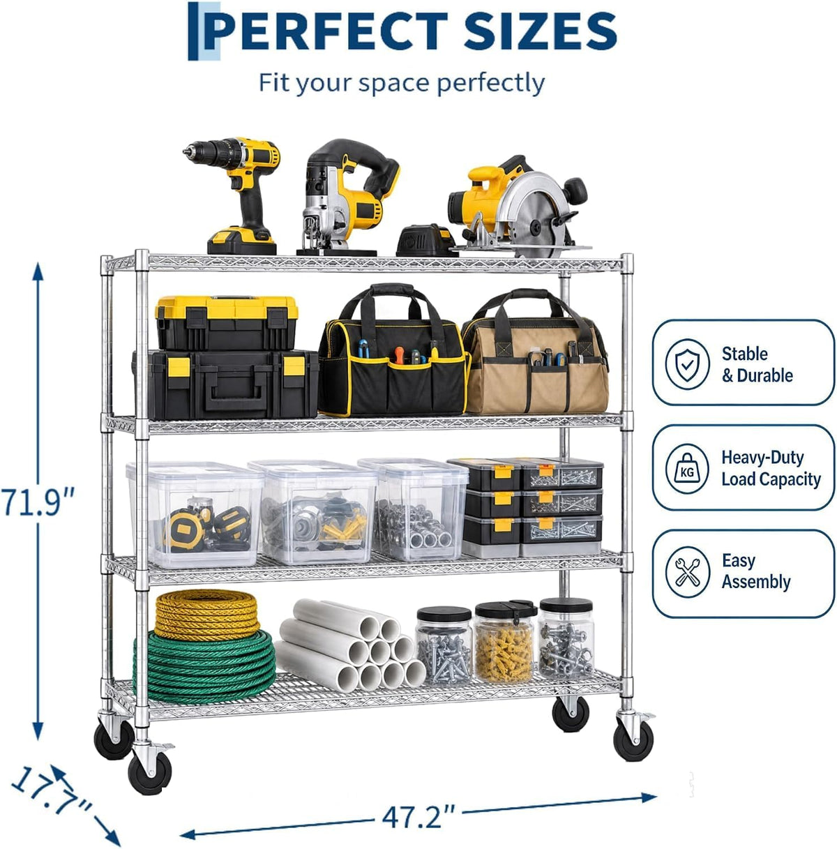 NSF Adjustable Lockable Wire Shelving Rack with Wheels, 4-Tier, 47" W