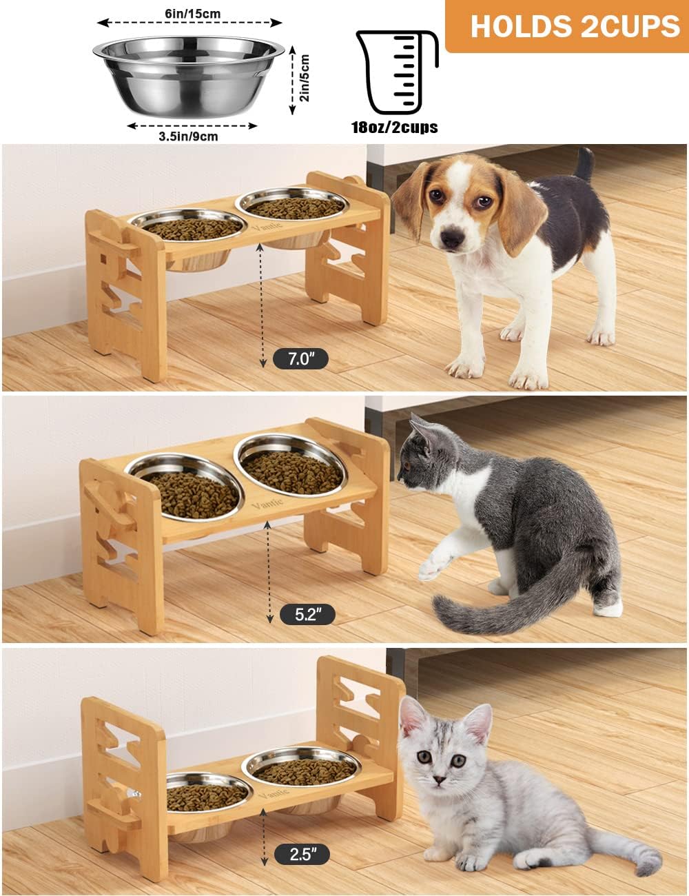 Elevated Dog Bowls, Adjustable Raised Dog Bowl Stand for Small Puppy and Cats, Sturdy Bamboo Pet Food Feeder with 2