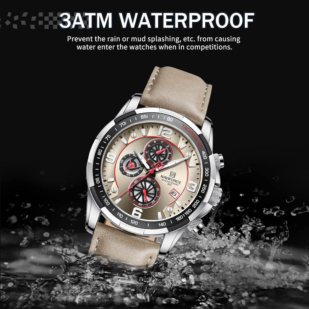 Sport Watches for Men Analog Quartz Chronograph Leather Strap Wrist Watch