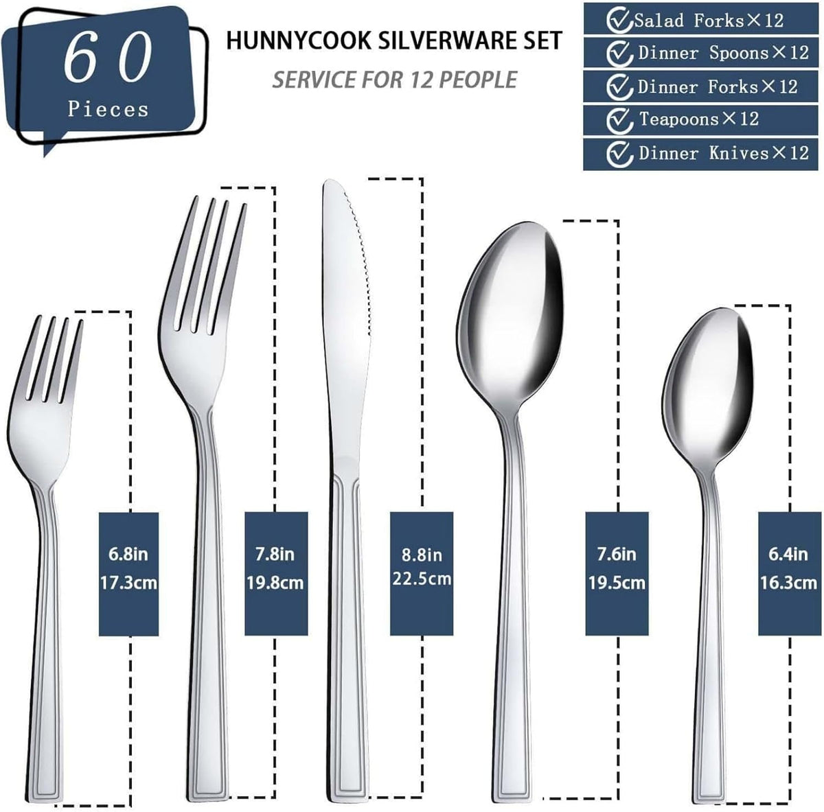 60-Piece Silverware Set - Stainless Steel Silverware Set for 12, Include Fork Knife Spoon Set, Mirror Polished