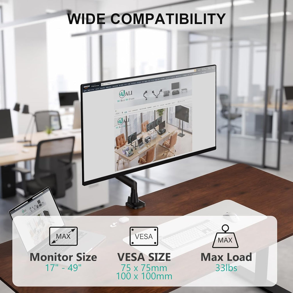 Heavy Duty Single Monitor Arm for 17-49 Inch Flat Curved Ultrawide Screens, up to 33 Lbs, Adjustable Single Monitor