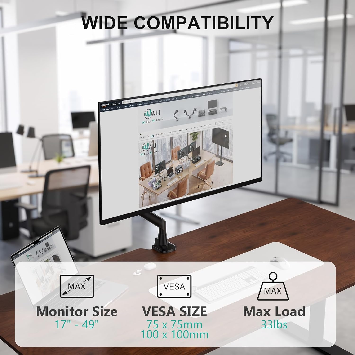 Heavy Duty Single Monitor Arm for 17-49 Inch Flat Curved Ultrawide Screens, up to 33 Lbs, Adjustable Single Monitor