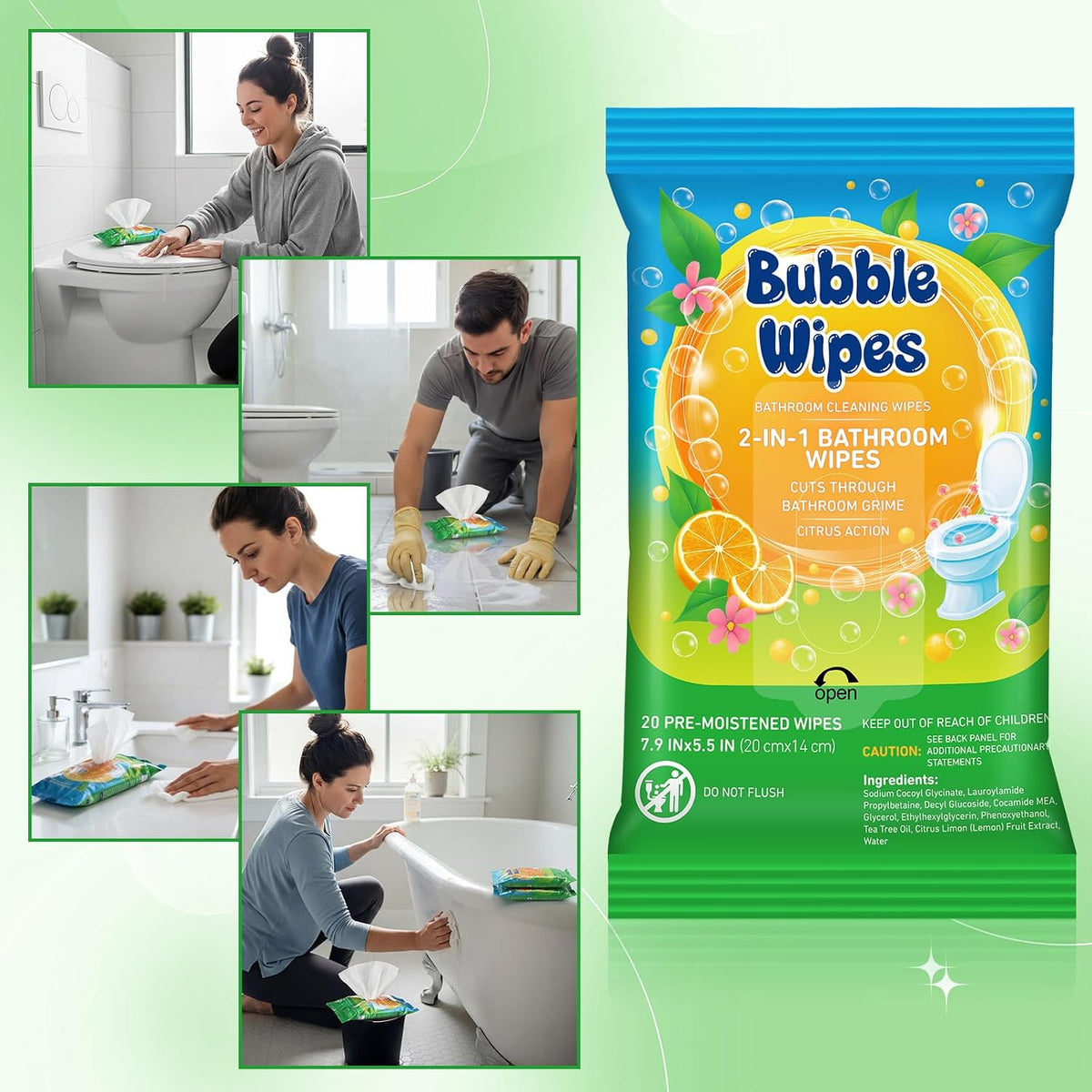 10-pack Bathroom Cleaning Wipes 100/200 Count 2-in-1 Citrus Scent Wipes Cleaner for Bathroom Toilet, Sink, Tile &