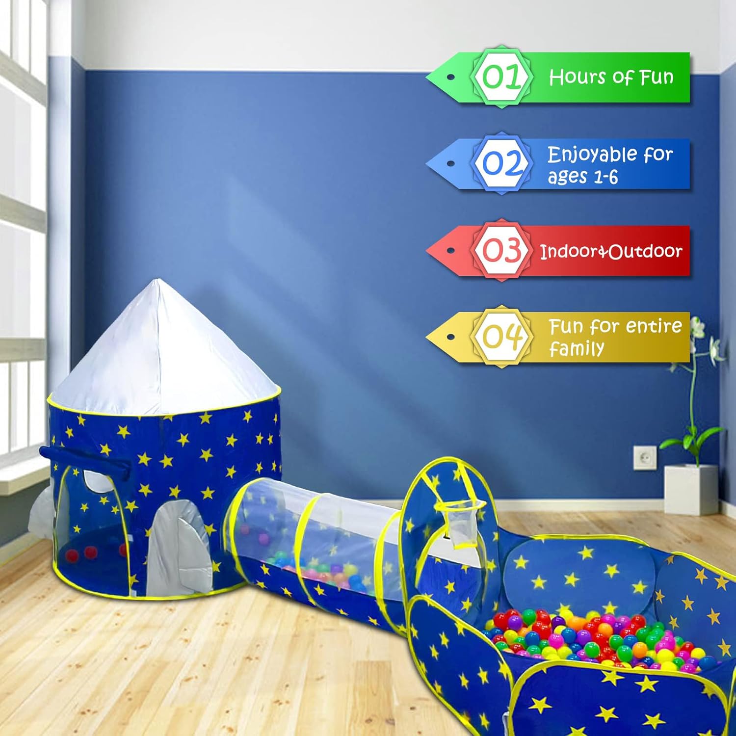 3pc Kids Play Tent for Boys with Ball Pit, Crawl Tunnel, Princess Tents for Toddlers, Baby Space World Playhouse