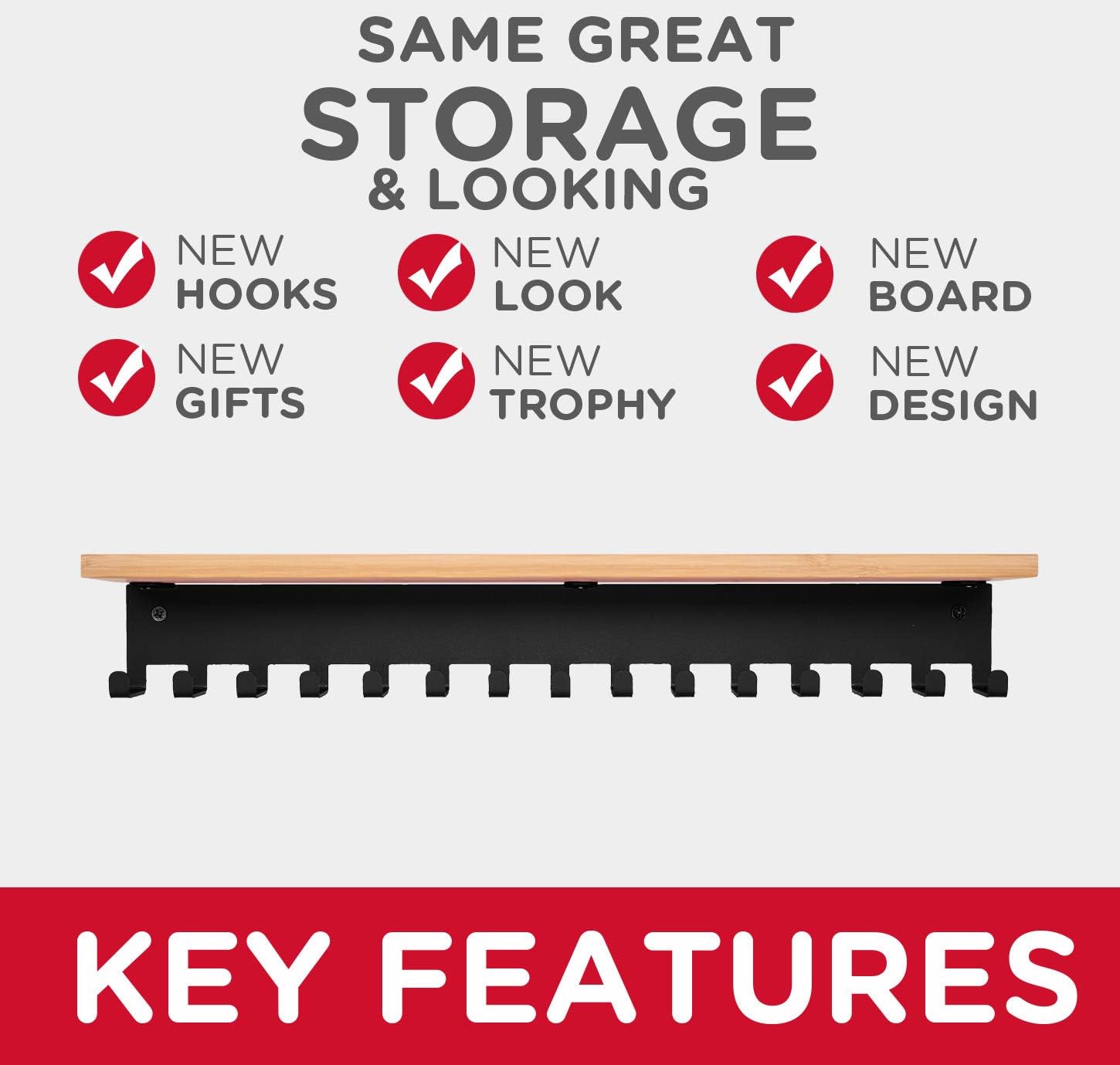 Premium Trophy and Medal Display Shelf 16inchL,Metal Trophy Shelf with Hooks Upgraded,Large Bamboo Trophy Board