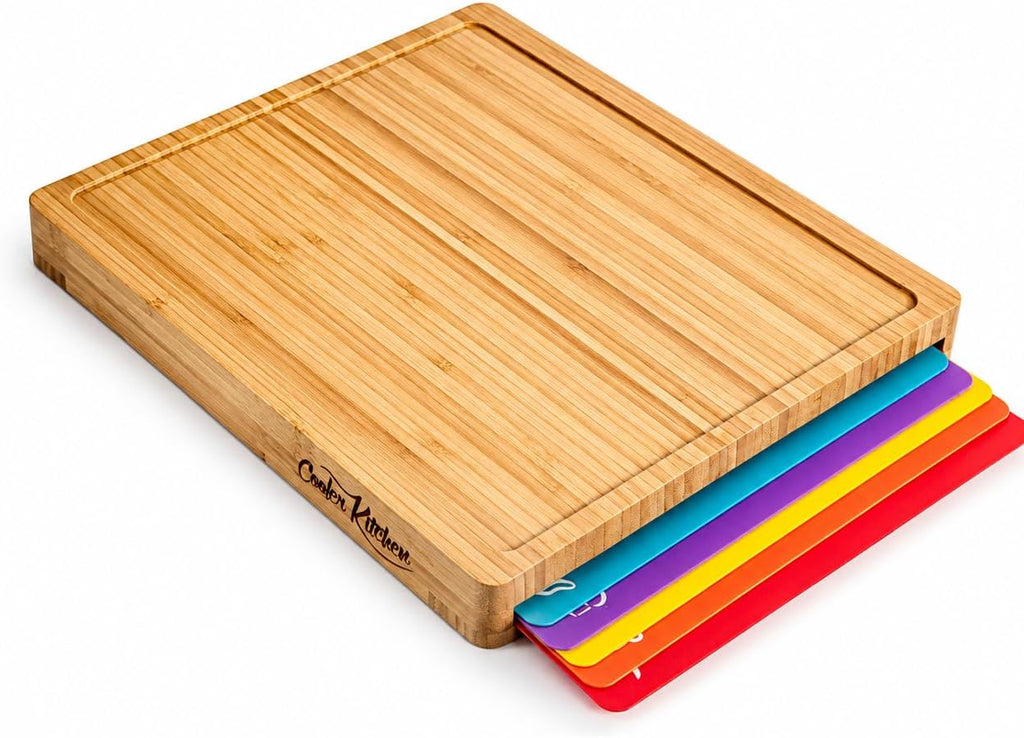Bamboo Cutting Board Set with 6 Color Coded Flexible Mats Food Icons, BPA-Free Non Slip Easy Clean Cutting Boards for
