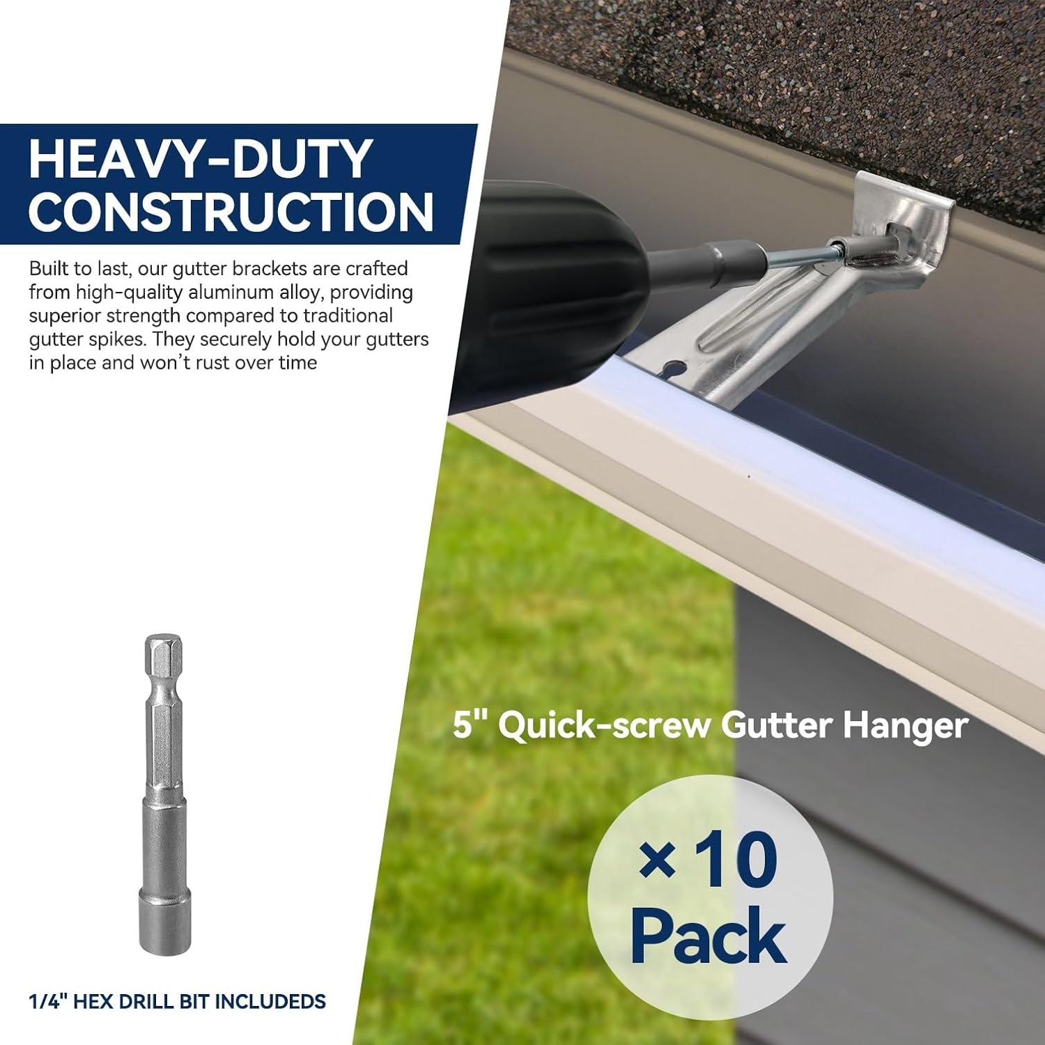 Gutter Hangers 5 inch - 10 Pack Gutter Brackets with Pre-Assembled Screw, Hidden Gutter Hangers for Repair Sagging