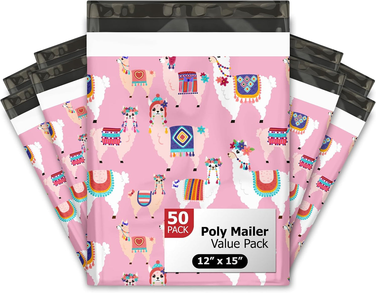 12x15 (50) Pink Llama Designer Poly Mailers Shipping Envelopes Premium Printed Bags