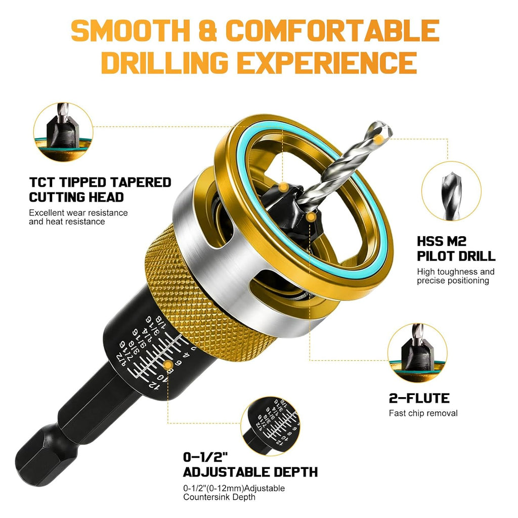 9PCS Countersink Drill Bit Set with Adjustable Depth Stop Collar